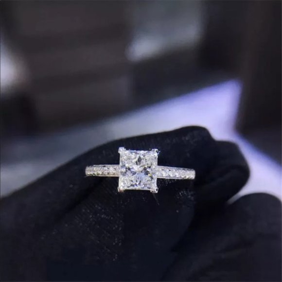 925 Sterling Silver Princess Square Simulator Diamond Ring Wedding Engagement - Picture 4 of 5